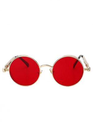 Steampunk ronde bril rode glazen goud