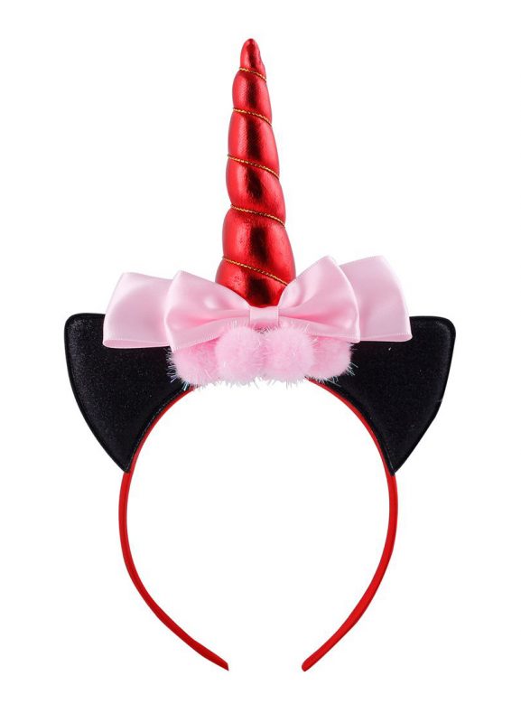 Unicorn diadeem eenhoorn haarband rood roze zwart oortjes