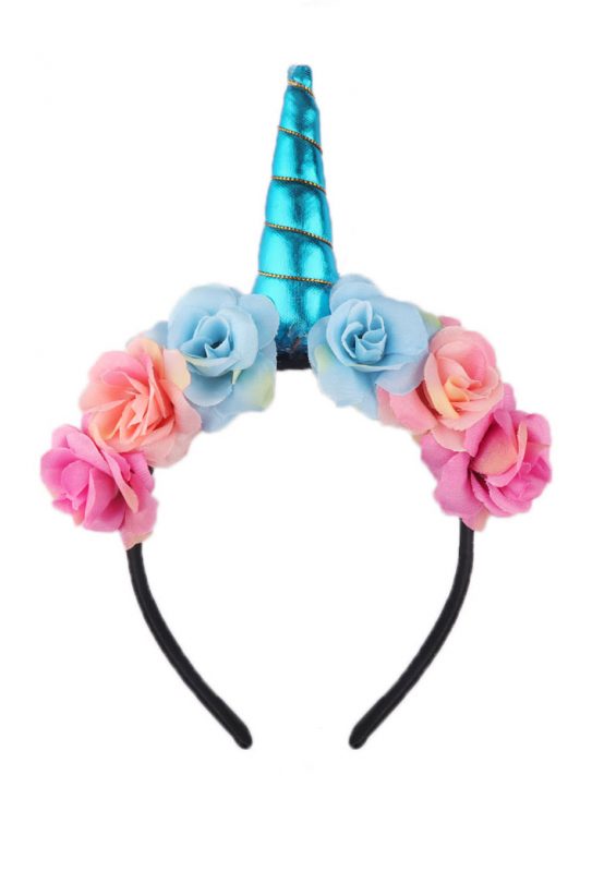 Unicorn eenhoorn haarband bloemen blauw