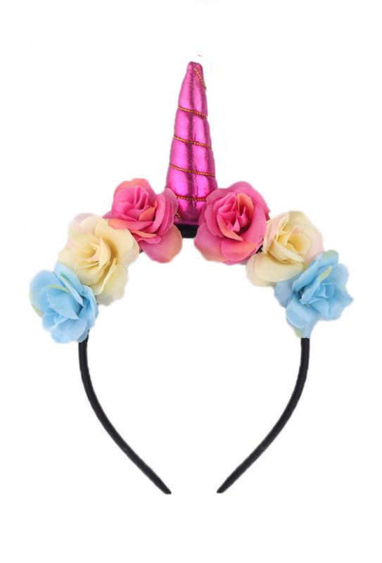 Unicorn eenhoorn haarband bloemen donkerroze