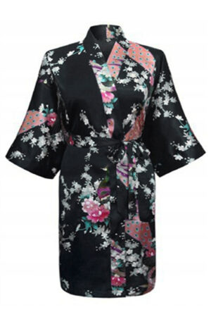Zwarte Korte Kimono Satijn Japanse Badjas Kamerjas Geisha Yukata Ochtendjas