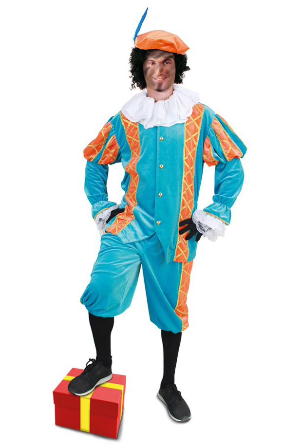 ZuidAmerika Presentator kaas Zwarte Piet pak kostuum blauw oranje fluweel kopen? FeestinjeBeest.nl