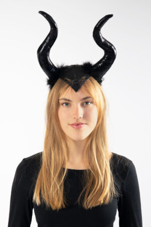 Zwarte hoorns maleficent haarband heks diadeem dons glossy