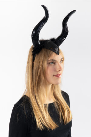 Zwarte hoorns maleficent haarband heks diadeem dons glossy